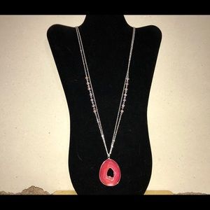 Silver & Hot Pink Teardrop Pendant 34” Necklace